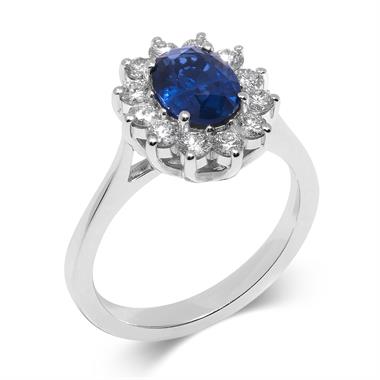 18ct White Gold Oval Sapphire and Diamond Cluster Engagement Ring thumbnail