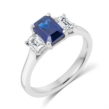 Platinum Emerald Cut Sapphire and Diamond Three Stone Engagement Ring thumbnail
