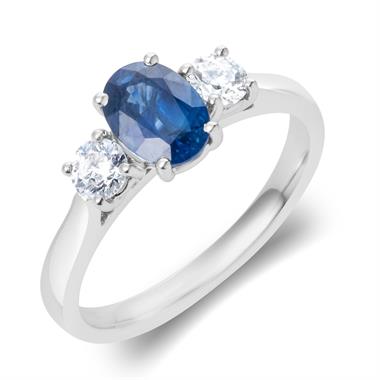 18ct White Gold Oval Sapphire and Diamond Three Stone Engagement Ring thumbnail