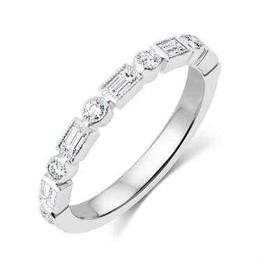 Platinum Vintage Style Baguette and Round Diamond Half Eternity Ring thumbnail