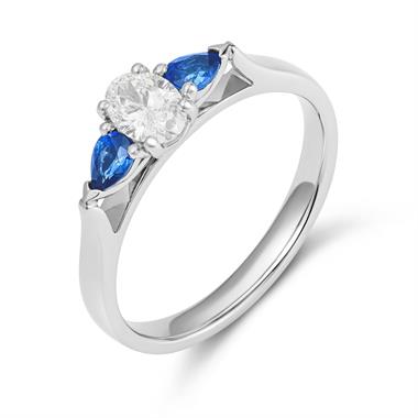 Platinum Oval Diamond and Pear Shape Sapphire Three Stone Engagement Ring thumbnail