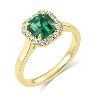 18ct Yellow Gold Asscher Cut Emerald and Diamond Halo Engagement Ring thumbnail
