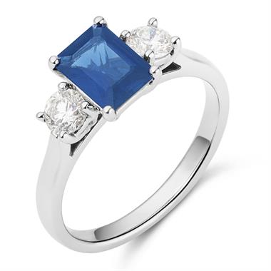 Platinum Emerald Cut Sapphire and Diamond Three Stone Engagement Ring thumbnail