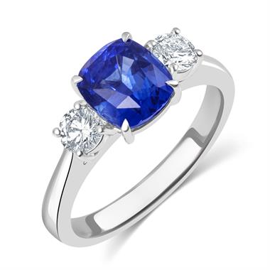 Platinum Cushion Sapphire and Diamond Three Stone Ring thumbnail