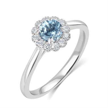Platinum Vintage Inspired Round Aquamarine Halo Ring thumbnail