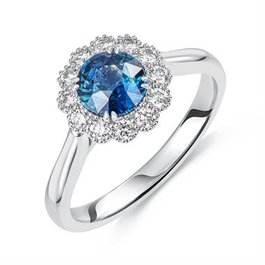 Platinum Round Teal Sapphire and Diamond Halo Ring thumbnail