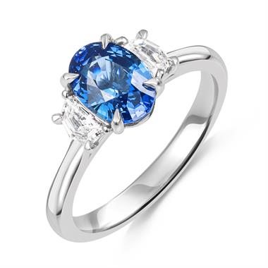 Platinum Sapphire and Cadillac Cut Diamond Three Stone Ring thumbnail
