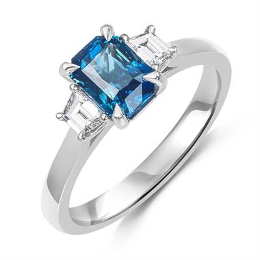 Platinum Radiant Teal Sapphire and Diamond Three Stone Ring thumbnail