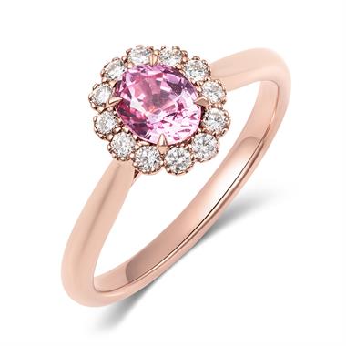 18ct Rose Gold Oval Padparadscha Sapphire and Diamond Halo Ring thumbnail