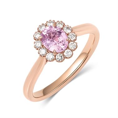 18ct Rose Gold Oval Padparadscha Sapphire and Diamond Halo Ring thumbnail