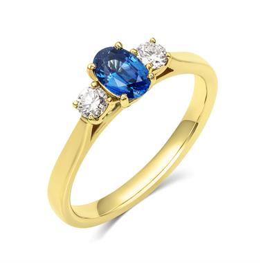 18ct Yellow Gold Oval Sapphire and Diamond Three Stone Engagement Ring thumbnail