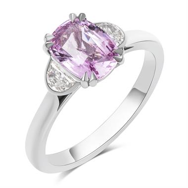 Platinum Cushion Cut PinkSapphire and Diamond Three Stone Ring thumbnail