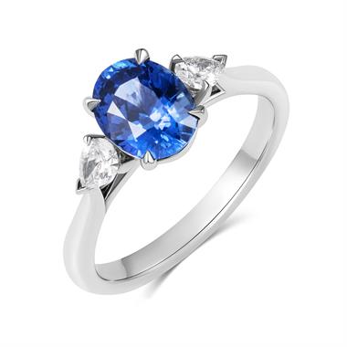 Platinum Oval Blue Sapphire and Diamond Three Stone Ring thumbnail