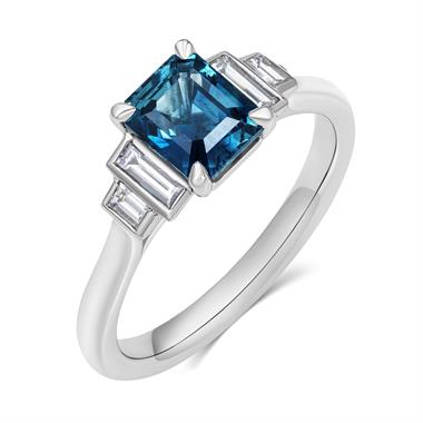 Platinum Emerald Cut Teal Sapphire and Diamond Five Stone Ring thumbnail