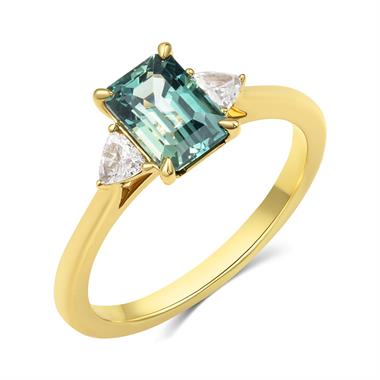 18ct Yellow Gold Emerald Cut Teal Sapphire and Diamond Engagement Ring thumbnail