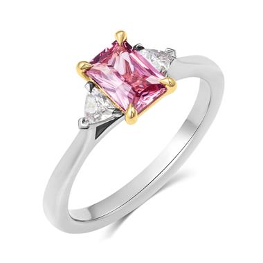 Platinum Padparadscha Sapphire and Diamond Three Stone Ring thumbnail
