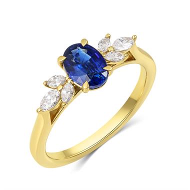 18ct Yellow Gold Oval Sapphire and Marquise Diamond Engagement Ring thumbnail