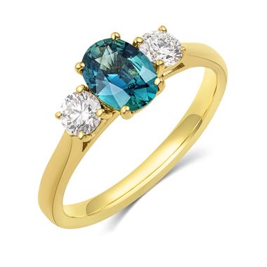 18ct Yellow Gold Teal Sapphire and Diamond Three Stone Engagement Ring thumbnail
