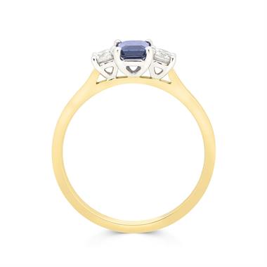 18ct Yellow Gold Emerald Cut Sapphire and Diamond Three Stone Engagement Ring thumbnail