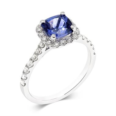 18ct White Gold Cushion Tanzanite and Diamond Halo Ring thumbnail