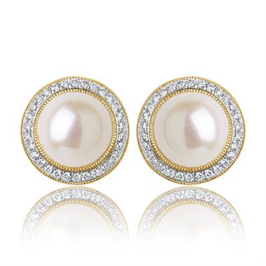18ct Yellow Gold Pearl and Diamond Cluster Stud Earrings  thumbnail