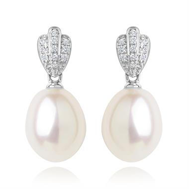 18ct White Gold Freshwater Pearl and Diamond Drop Earrings thumbnail