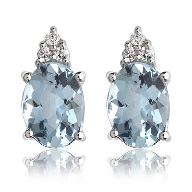 18ct White Gold Oval Aquamarine and Diamond Stud Earrings thumbnail
