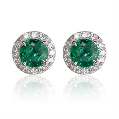 Camellia 18ct White Gold Emerald and Diamond Halo Stud Earrings thumbnail