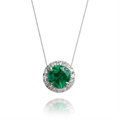 Camellia 18ct White Gold Emerald and Diamond Halo Necklace thumbnail
