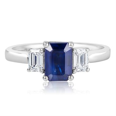 Platinum Emerald Cut Sapphire and Diamond Three Stone Engagement Ring thumbnail