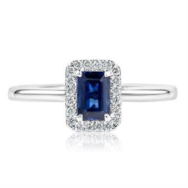 Platinum Emerald Cut Sapphire and Diamond Halo Engagement Ring thumbnail
