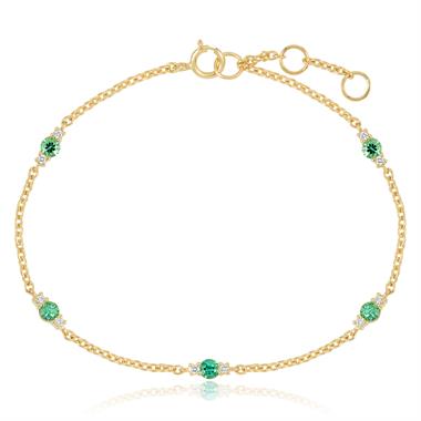 18ct Yellow Gold Emerald and Diamond Station Bracelet thumbnail