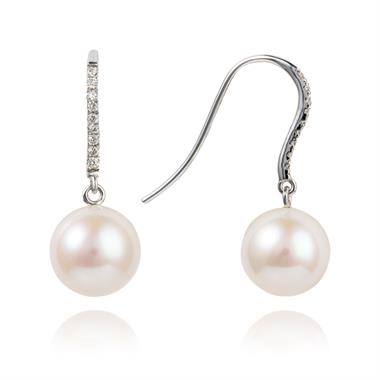 18ct White Gold Freshwater Pearl and Diamond Drop Earrings thumbnail