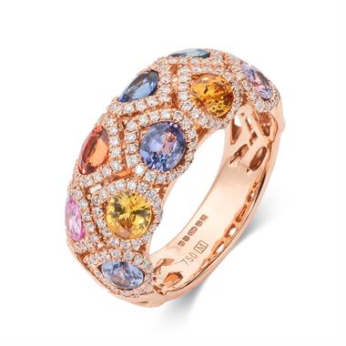 Samba 18ct Rose Gold Dome Design Rainbow Sapphire and Diamond Dress Ring thumbnail