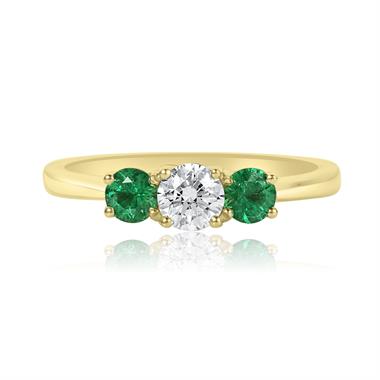 18ct Yellow Gold Diamond and Emerald Three Stone Engagement Ring thumbnail