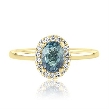 18ct Yellow Gold Oval Teal Sapphire and Diamond Halo Engagement Ring thumbnail