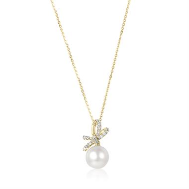 Isla 18ct Yellow Gold Bow Design Pearl and Diamond Drop Pendant thumbnail