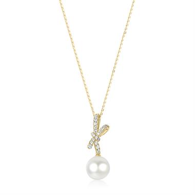 Isla 18ct Yellow Gold Bow Design Pearl and Diamond Drop Pendant thumbnail