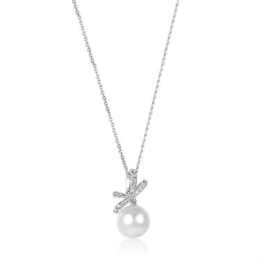 Isla 18ct White Gold Bow Design Pearl and Diamond Drop Pendant thumbnail