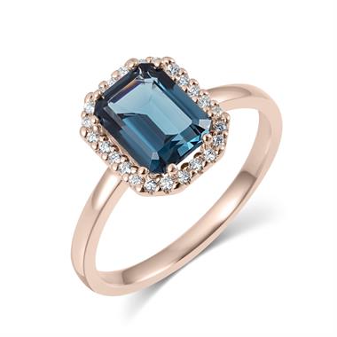 18ct Rose Gold Emerald Cut London Blue Topaz and Diamond Halo Dress Ring thumbnail