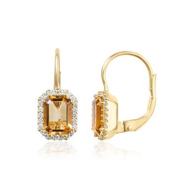 18ct Yellow Gold Emerald Cut Citrine and Diamond Halo Drop Earrings thumbnail