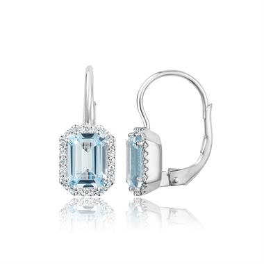 18ct White Gold Emerald Cut Blue Topaz and Diamond Halo Drop Earrings thumbnail