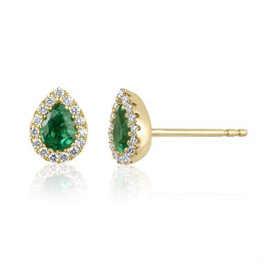 Camellia 18ct Yellow Gold Emerald and Diamond Teardrop Halo Earrings
 thumbnail