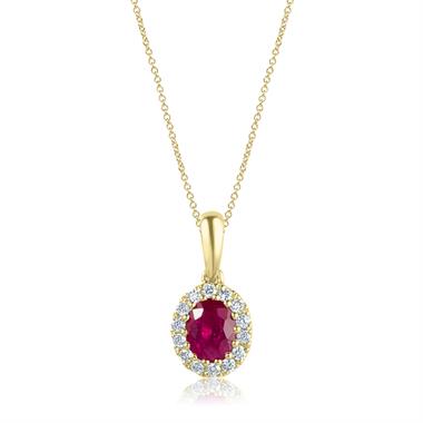 Camellia 18ct Yellow Gold Ruby and Diamond Oval Halo Pendant
 thumbnail
