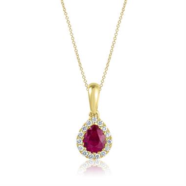 Camellia 18ct Yellow Gold Ruby and Diamond Teardrop Halo Pendant
 thumbnail