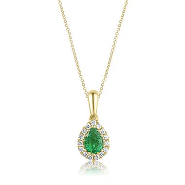 Camellia 18ct Yellow Gold Emerald and Diamond Teardrop Halo Pendant
 thumbnail