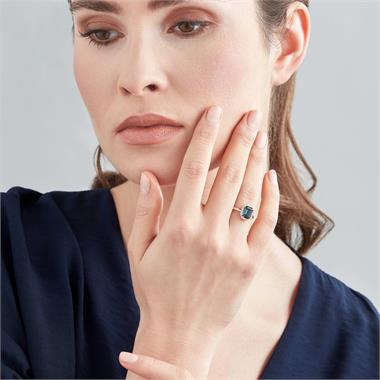 18ct Rose Gold Emerald Cut London Blue Topaz and Diamond Halo Dress Ring thumbnail