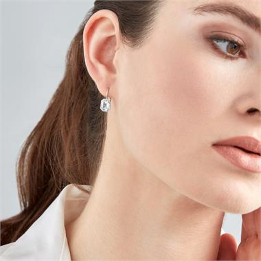 18ct White Gold Emerald Cut Blue Topaz and Diamond Halo Drop Earrings thumbnail