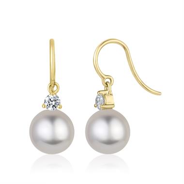 18ct Yellow Gold Akoya Pearl and Diamond Drop Earrings thumbnail