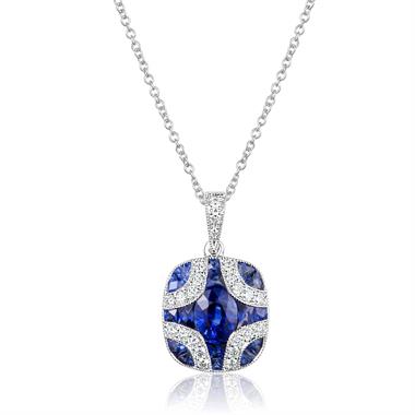 18ct White Gold Vintage Style Sapphire and Diamond Pendant thumbnail